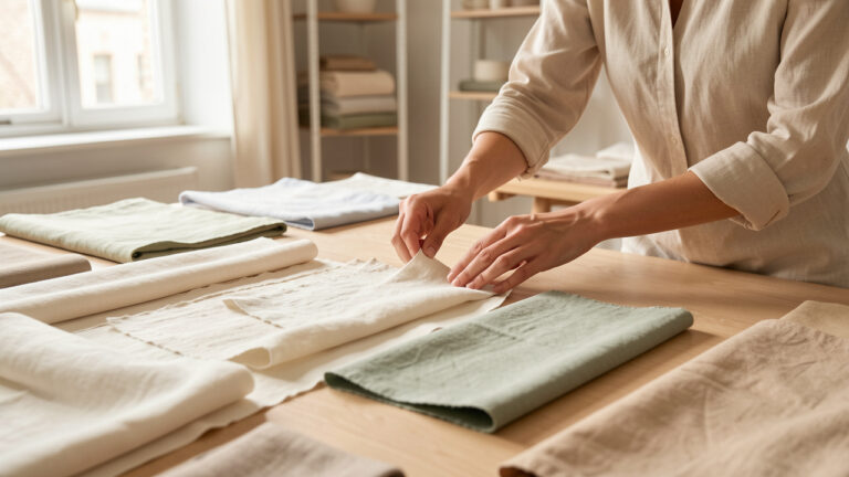 Mains féminines disposant des échantillons de lin, de lyocell, de tissu recyclé et de matière végétale sur une grande table dans un atelier de haute couture lumineux.