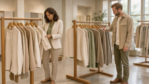 Une femme et un homme examinent des vêtements en lin, laine et coton biologique dans une boutique de mode écoresponsable lumineuse.