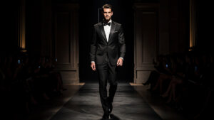 Mannequin masculin portant un smoking noir aux épaules structurées, avançant sur un podium de mode nocturne devant une architecture sombre éclairée de façon dramatique.