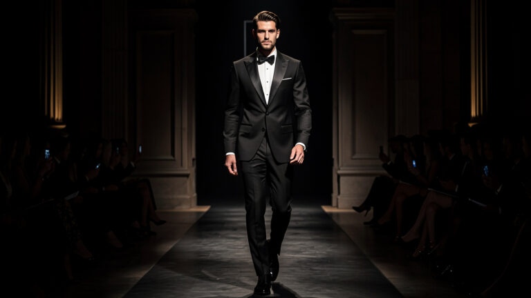 Mannequin masculin portant un smoking noir aux épaules structurées, avançant sur un podium de mode nocturne devant une architecture sombre éclairée de façon dramatique.