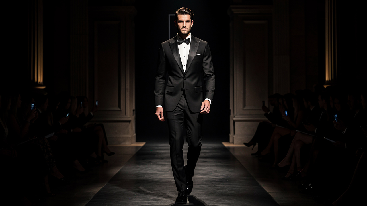 Mannequin masculin portant un smoking noir aux épaules structurées, avançant sur un podium de mode nocturne devant une architecture sombre éclairée de façon dramatique.