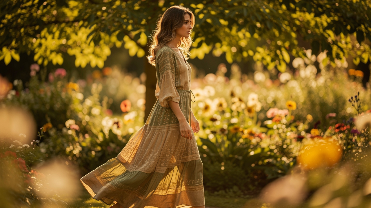Femme portant une robe bohème chic longue et fluide, marchant dans un jardin estival lumineux, avec lumière dorée et tons naturels.