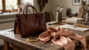 Nature morte élégante présentant un sac en cuir brun, un foulard de soie et un bijou doré sur une table d’atelier parisien baignée de lumière naturelle douce.