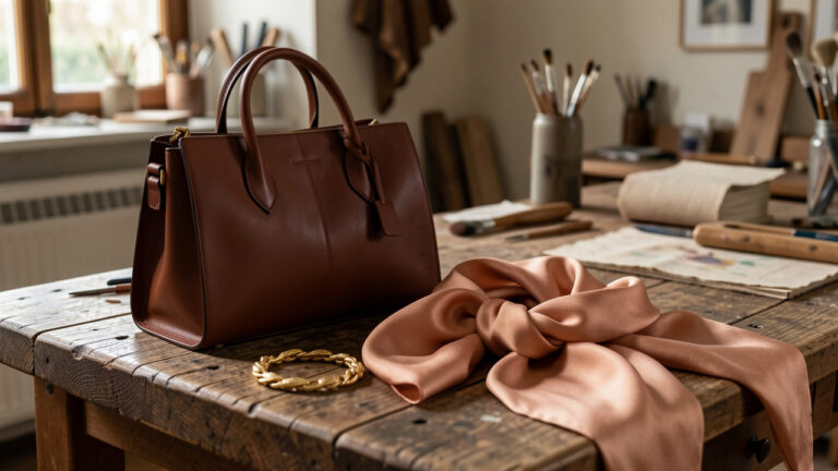 Nature morte élégante présentant un sac en cuir brun, un foulard de soie et un bijou doré sur une table d’atelier parisien baignée de lumière naturelle douce.