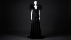 Robe longue noire de gala présentée sur un mannequin, avec des épaules ornées de plumes d’autruche noires dans un studio au style haute couture.