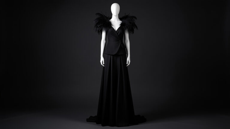 Robe longue noire de gala présentée sur un mannequin, avec des épaules ornées de plumes d’autruche noires dans un studio au style haute couture.
