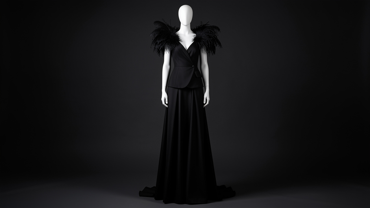 Robe longue noire de gala présentée sur un mannequin, avec des épaules ornées de plumes d’autruche noires dans un studio au style haute couture.