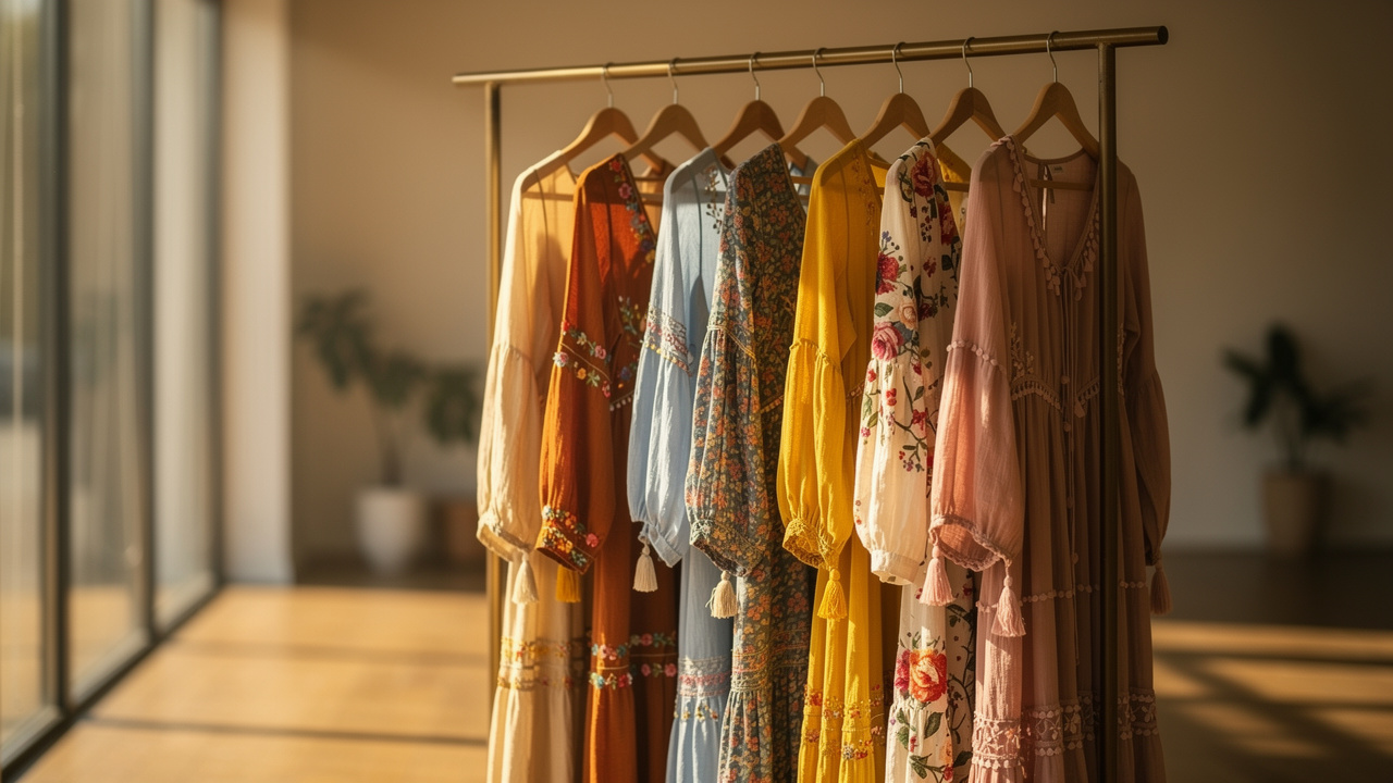 Sélection de robes bohème chic d’été en mousseline, coton brodé et imprimés fleuris, présentées sur un portant de boutique sous une lumière douce.