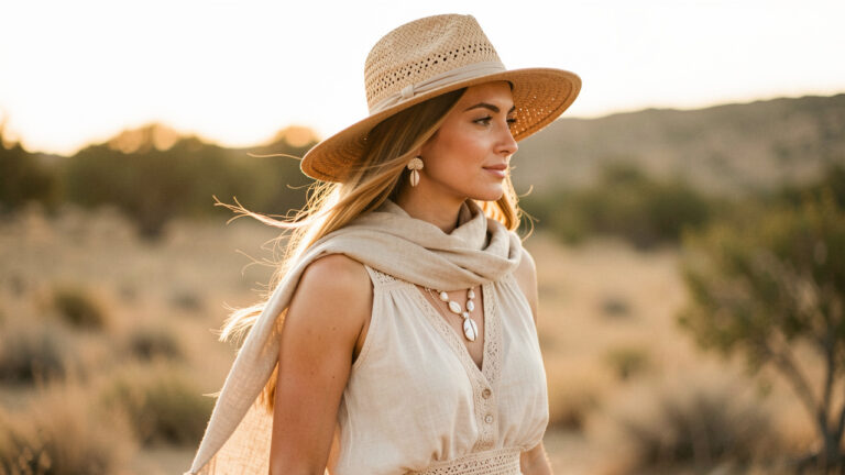 Silhouette féminine d’été bohème chic en tons beiges, avec accessoires naturels, éclairage extérieur lumineux à la tombée du jour.