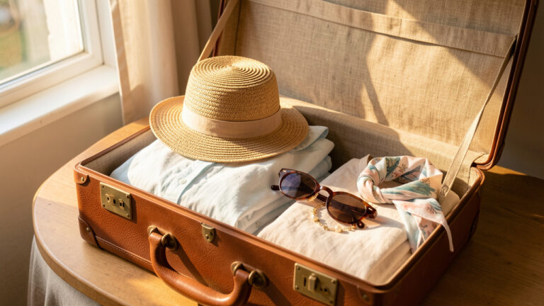 Valise d’été ouverte avec des tenues féminines légères, un chapeau de paille, des lunettes de soleil et des accessoires de vacances, éclairée par une lumière dorée et chaleureuse.